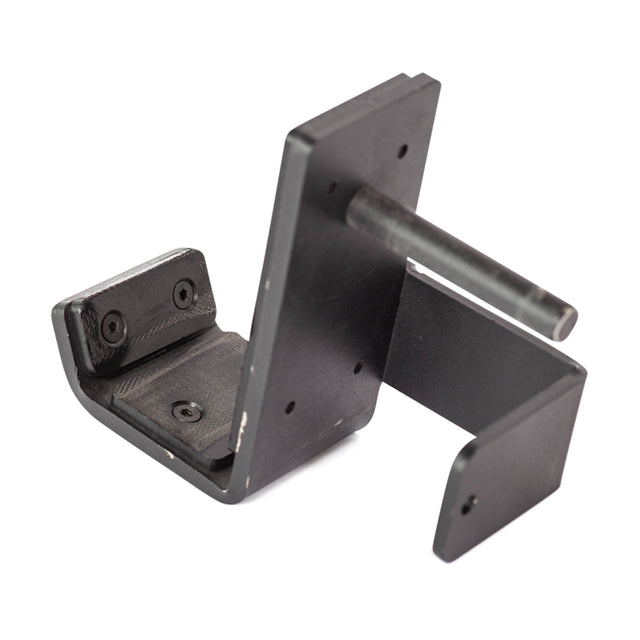 The Bells of Steel Standard J-Cups are black metal wall brackets featuring a protruding cylindrical rod and multiple screw holes, designed for securely mounting or supporting objects like in power racks.