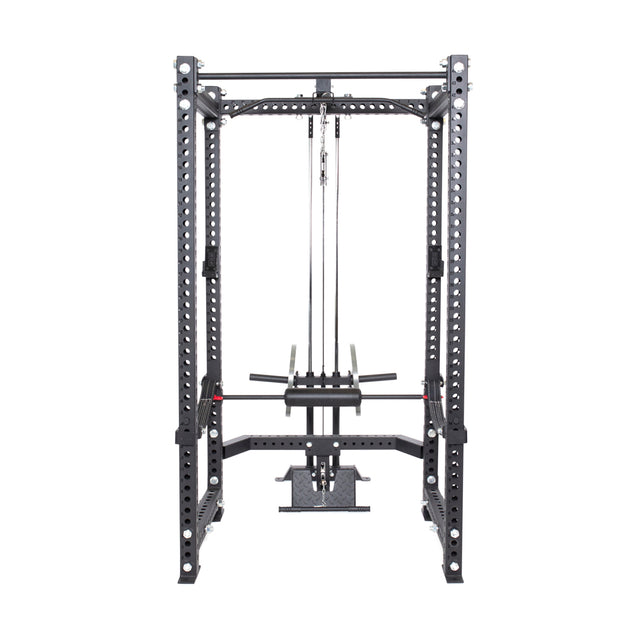 The Bells of Steel Lat Pulldown & Low Row Rack Attachment for Hydra & Manticore features a cable pulley system and adjustable holes, perfect for strength training in a gym, shown against a white background.