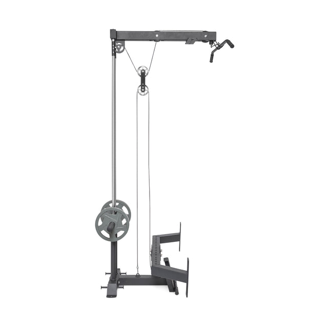 The Bells of Steel Lat Pulldown & Low Row Rack Attachment - Hydra & Manticore is a free-standing machine with adjustable pulleys, weight plates, and a V-shaped handle for upper body workouts like lat pulldowns, set against a plain white backdrop.