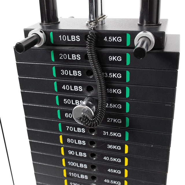 Close-up of the Bells of Steel Lat Pulldown Low Row Machine’s weight stack, marked 10–100 LBS (4.5–45.5 KG), with a black pin and coiled cable set at 50 LBS for cable exercises.