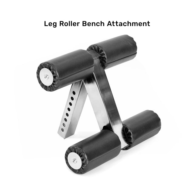 The Bells of Steel Bench Attachments feature a durable leg extension curl component with four black foam rollers and a sturdy metal frame. Displayed on a white background, it's perfect for enhancing your bench setup.