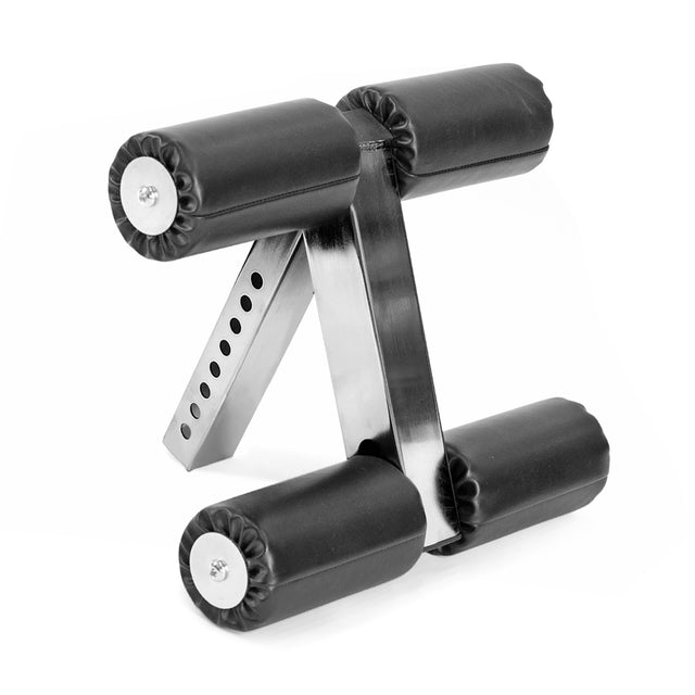 The Bells of Steel Bench Attachments feature four black cylindrical padded rollers in pairs, adjustable height holes, and a sturdy angled frame—perfect as a bench or leg extension curl attachment.