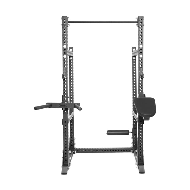 The Bells of Steel Manticore Half Rack - Prebuilt features 3" x 3" uprights, 1" holes, adjustable dip bars, and padded leg support—ideal for versatile strength training in your home gym.