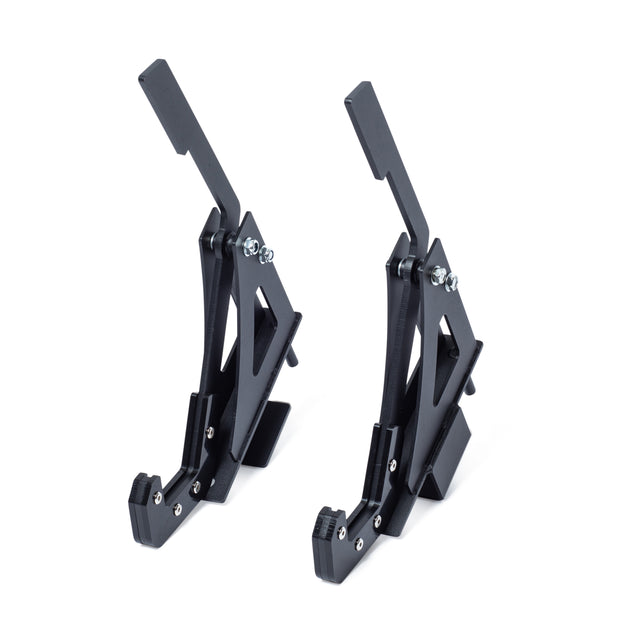 Two identical Bells of Steel Monolift Rack Attachments with UHMW plastic angled supports and adjustable arms, each secured by metal screws, stand upright on a white background—providing a durable, space-saving lifting solution.