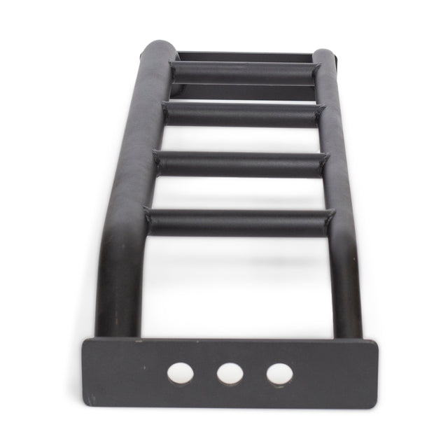 The Bells of Steel Multi-Grip Pull Up Bar features a black metal frame with four rungs and three circular holes on the bottom end plate, ideal for strength training, shown from a low angle.