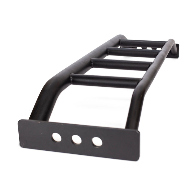 The Bells of Steel Multi-Grip Pull Up Bar is a black metal ladder with four rungs and three circular holes in its flat base plate, designed for strength training, shown against a white background.