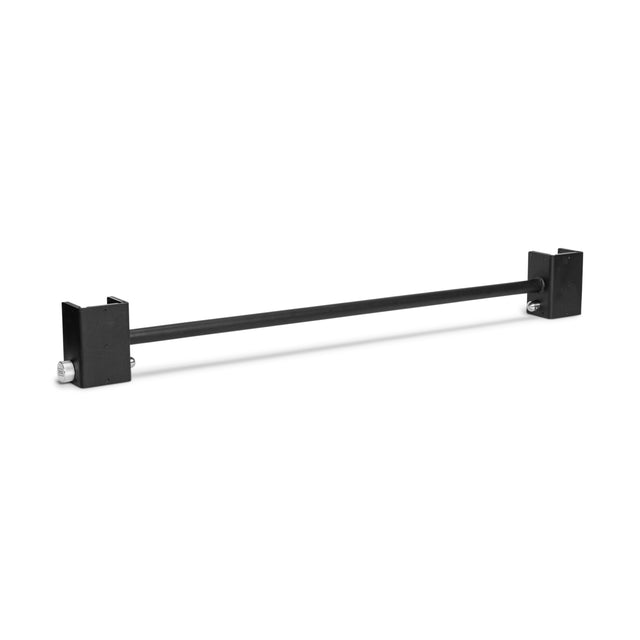 The Bells of Steel Adjustable Pull-up Bar Rack Attachment is a black metal bar with rectangular brackets on each end, designed for mounting or support, shown against a white background.