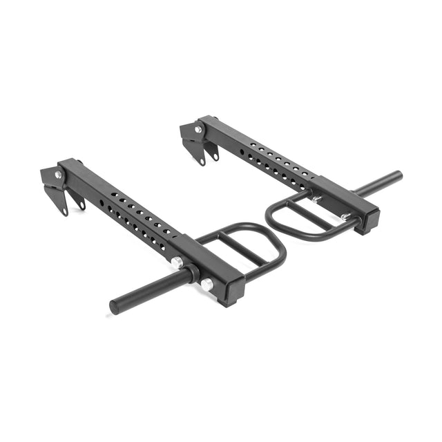 The Bells of Steel Lever Arms Rack Attachment is a black metal accessory with adjustable parallel handles and pegs, designed to attach to your power rack for strength training moves like dips and leg raises, and it fits Olympic weight plates.