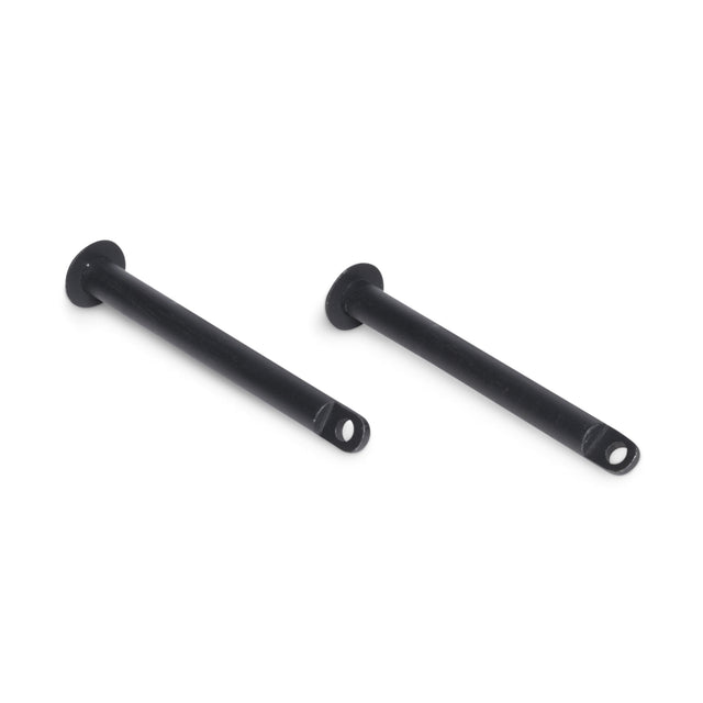 Two Bells of Steel Standard Band Pegs, black metal with flared heads and holes at the ends, are shown lying on a white surface.