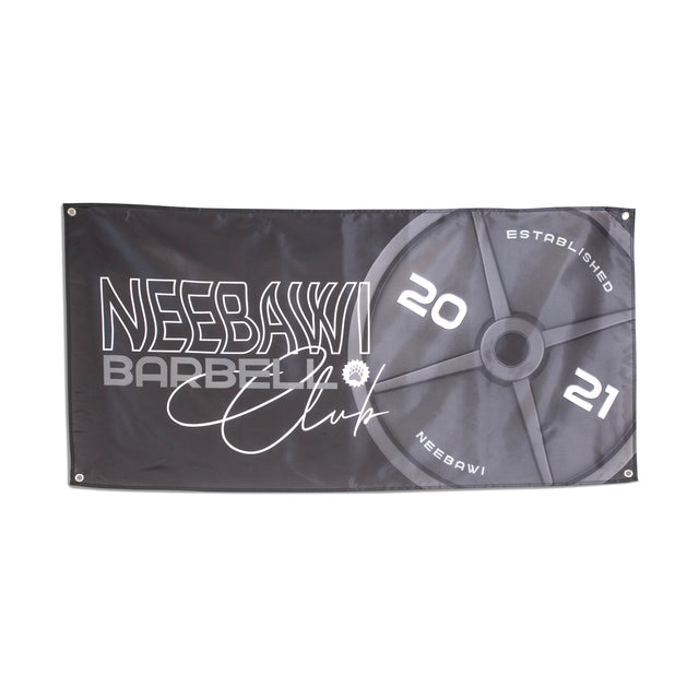 The Bells of Steel Flags feature "NEEBAWII BARBELL CLUB" and a barbell plate graphic with "2021 ESTABLISHED" and "NEEBAWII," plus metal grommets on each corner—ideal gym decor.