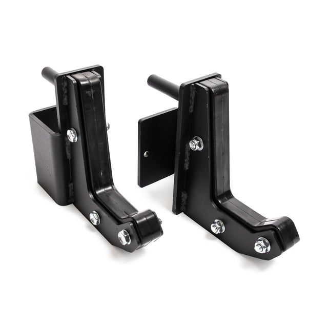 Bells of Steel Sandwich J-Cups: Pair of black heavy-duty metal attachments with bolts and brackets, designed to securely hold a barbell on your squat or power rack.