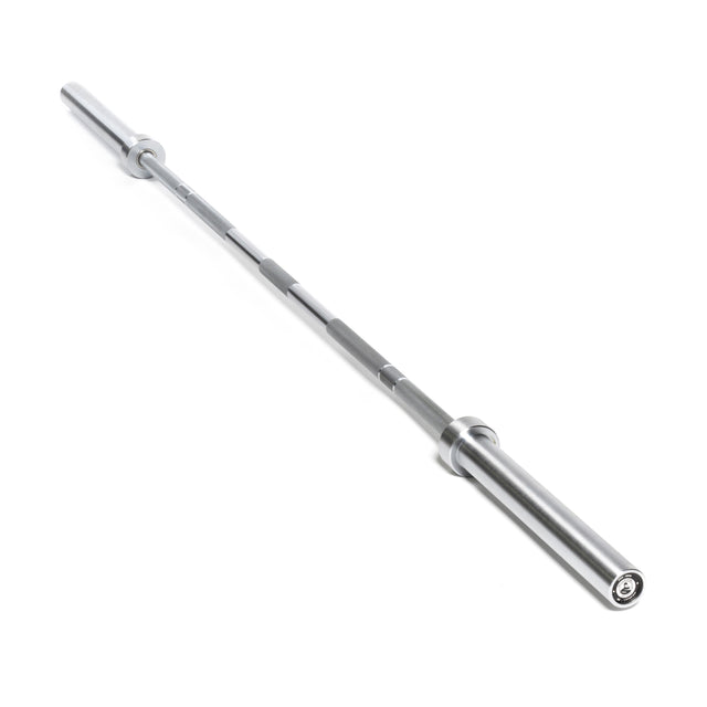 The Bells of Steel Olympic Weightlifting Barbell, featuring knurled grips and shown at an angle on a white background, delivers top value for both beginners and experienced lifters.