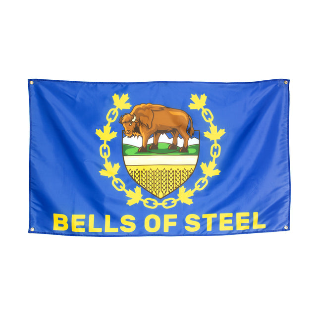 Add this striking blue Bells of Steel home gym flag, featuring a brown bison and shield with wheat, surrounded by yellow maple leaves and bold "BELLS OF STEEL" lettering, to your gym decor. Perfect for every fitness space!.