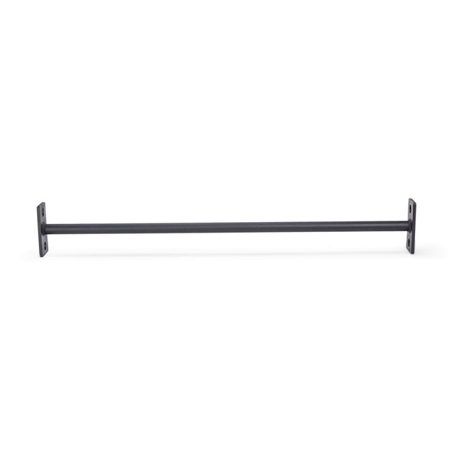 The Bells of Steel Straight Pull Up Bar features a long, straight metal design with mounting plates at each end, perfect for installation between surfaces as a pull-up bar. Its dark hue indicates strength training use, set against a plain white backdrop.