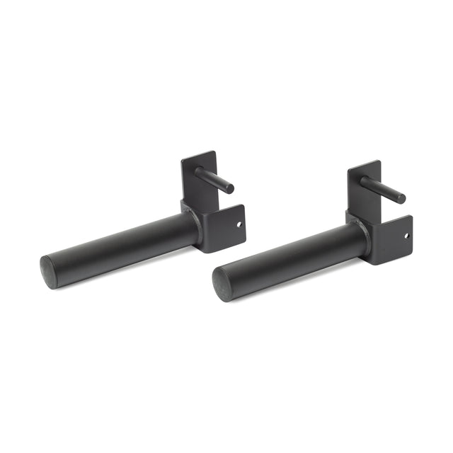 The Bells of Steel Pin Plate Pegs are black metal wall-mounted brackets with cylindrical rods and flat bases, perfect for organizing gym equipment as Olympic weight plate storage or power rack plate holders.