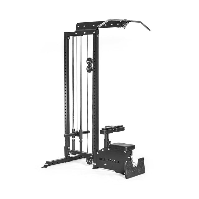 Enhance your home gym with the sleek Bells of Steel Lat Pulldown Low Row Machine, featuring an adjustable seat, weight stack, black cable system, long pull-down bar, padded foot holder, sturdy frame with visible cables, and the "Bells of Steel" logo on the seat.
