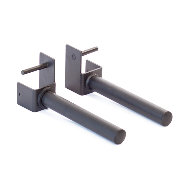 Bells of Steel Pin Plate Pegs: two black metal rack-mountable pegs with square brackets and horizontal pins for attaching to gym equipment or power racks for Olympic weight plate storage or accessories.