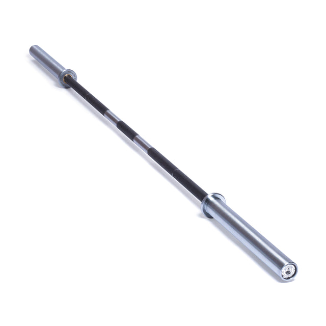 The Bells of Steel Powerlifting Bar features a silver metallic finish with a black grip area, built to IPF specs and shown isolated on a white background.