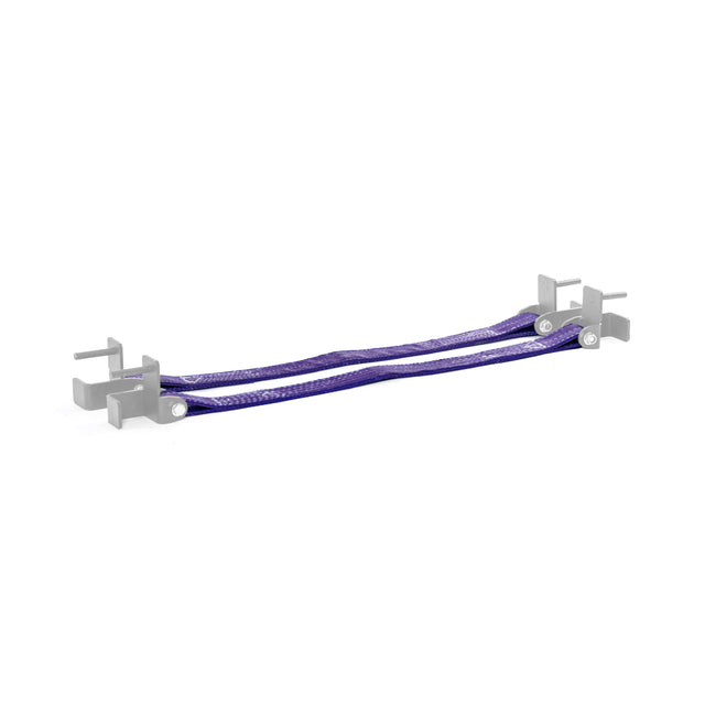 A pair of purple Bells of Steel Safety Straps for Hydra & Manticore Racks, equipped with gray metal hooks at each end, is shown on a white background. These straps provide secure lifting and extra protection for heavy objects.