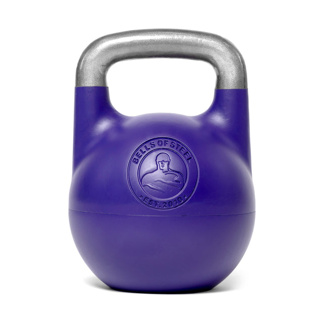 A purple Adjustable Competition Kettlebell by Bells of Steel, featuring a silver handle and the logo "Bells of Steel Est. 2010," is displayed against a white background.