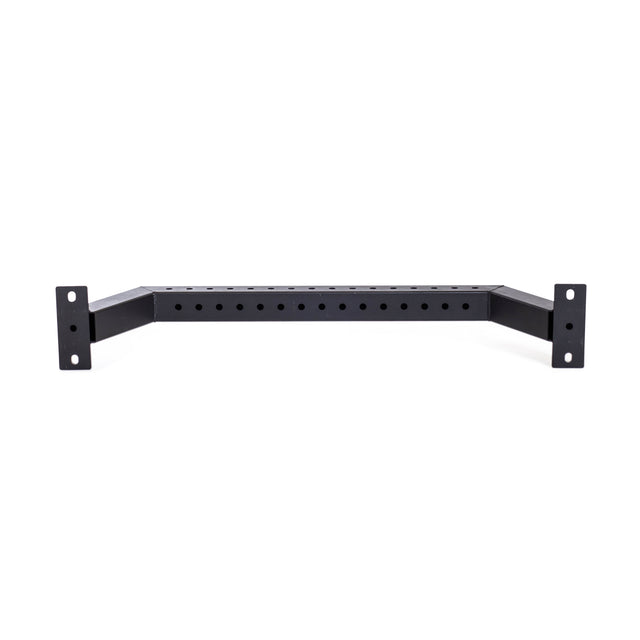 The Bells of Steel Rear Base Stabilizer is a black metal bracket for power racks with perpendicular mounting plates and a center bar featuring spaced holes for adjustable attachment to 3x3 uprights.