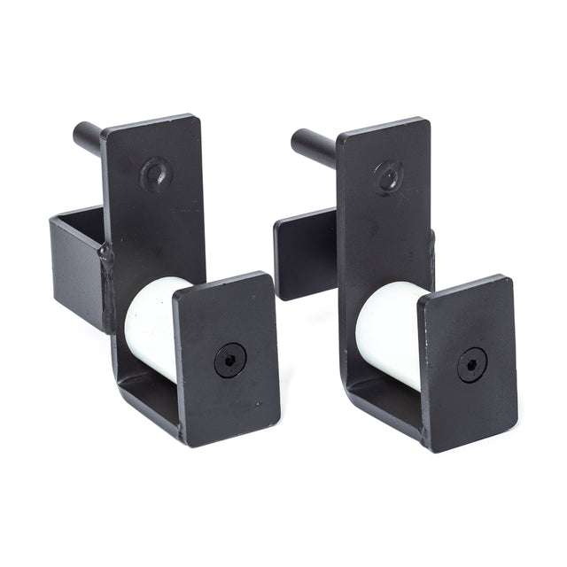 Bells of Steel Roller J-Cups, featuring black metal construction and white plastic inserts, provide enhanced barbell protection for bench press and various lifts on squat racks or power cages.