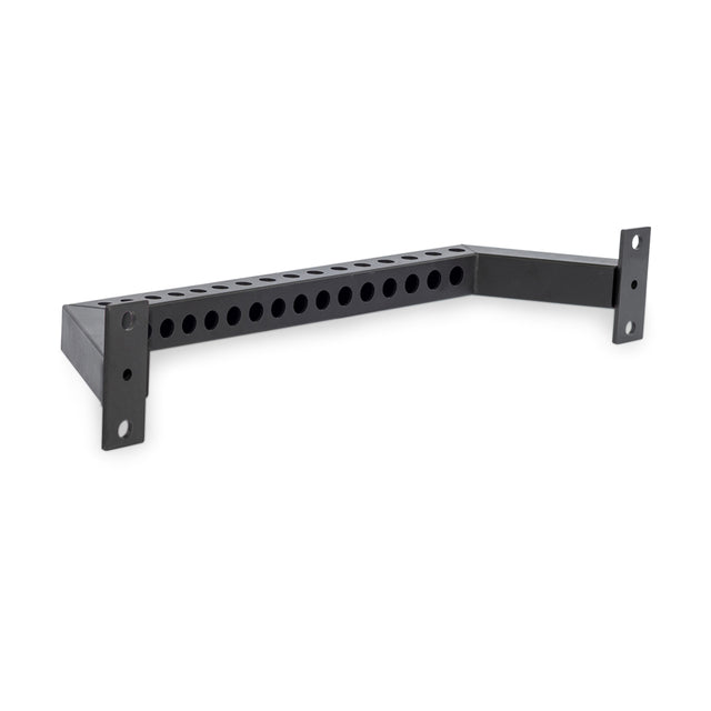 The Bells of Steel Rear Base Stabilizer is a black metal bracket with circular holes along the bar and flat mounting plates on each end, ideal for attaching 3x3 uprights to a power rack or securing it to a wall or surface.