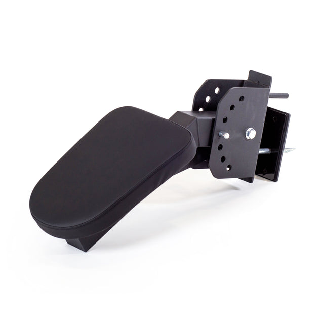 The Bells of Steel Seal Row Pad Rack Attachment features a black, padded adjustable armrest with a metal mounting bracket and multiple holes for ergonomic chair support or as a chest support rack attachment.