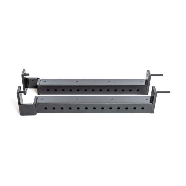 Two Bells of Steel Flip-Down Safeties, black metal adjustable brackets with multiple mounting holes, are shown parallel on a white background.