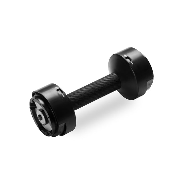 The Nuobell NÜOBELL Replacement Handle - SINGLE is a textured black adjustable dumbbell handle, designed as a replacement for NÜOBELL dumbbells, shown with sleek black weight plates on both ends against a white background.