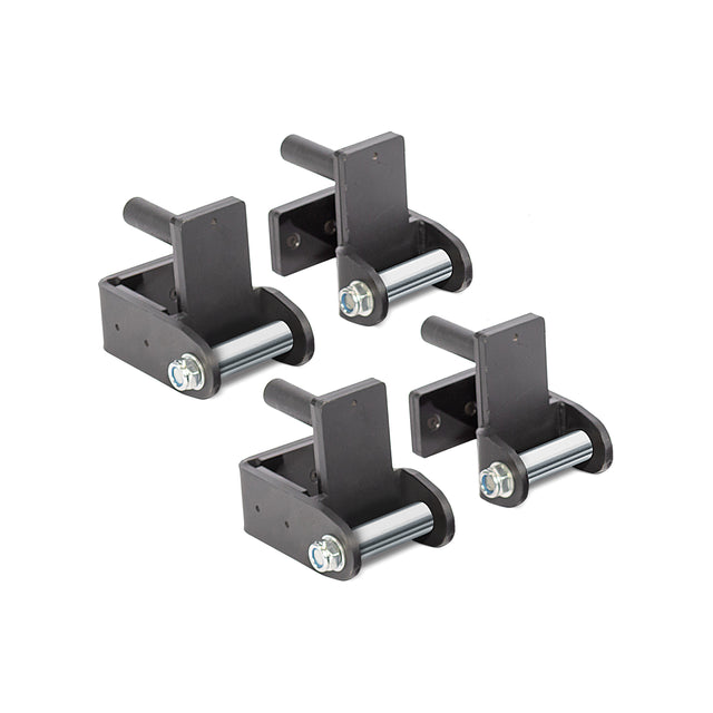 Four Bells of Steel Safety Strap Connectors in black metal, each with a cylindrical silver roller and bolts, are grouped on a white background—perfect for securing barbells safely on your power rack.