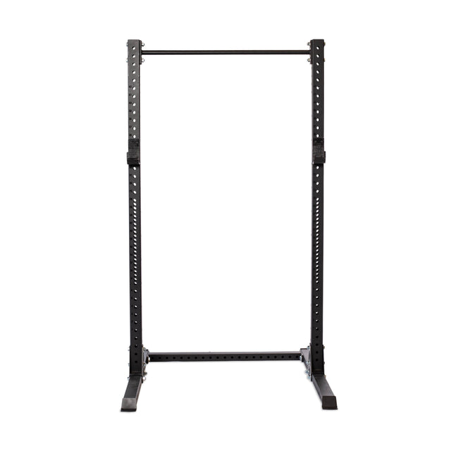 The Bells of Steel Hydra Squat Stand - Prebuilt (3" x 3", ⅝" Holes) is a black metal rack with a pull-up bar and adjustable barbell placement, featuring two sturdy base supports—ideal for your home gym. Shown on a white background.