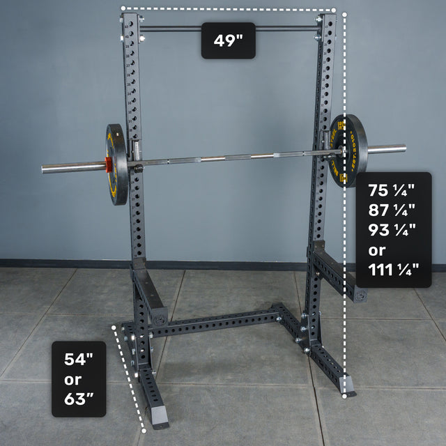 The Bells of Steel Manticore Squat Stand Builder features sturdy 3" x 3" uprights with 1" holes, a sleek black finish, and clearly labeled measurements: 49" width, base depths of either 54" or 63", and multiple height options—75¼", 87¼", 93¼", or a towering 111¼". This highly versatile squat stand is the perfect addition to any home gym and pairs seamlessly with your favorite barbell.