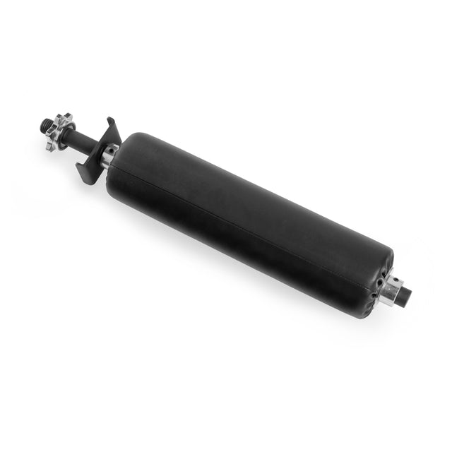 The Bells of Steel Split Squat Leg Roller Rack Attachment is a black industrial cylindrical roller with metal ends, ideal for use on machinery. It features a smooth surface and easy-installation mounting hardware. The image shows it against a plain white background.
