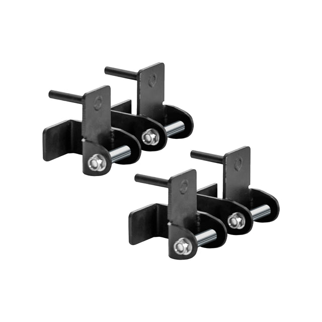 Four Bells of Steel Safety Strap Connectors—black metal brackets with cylindrical rods and bolts, arranged in pairs on a white background—provide enhanced barbell safety as power rack attachments.