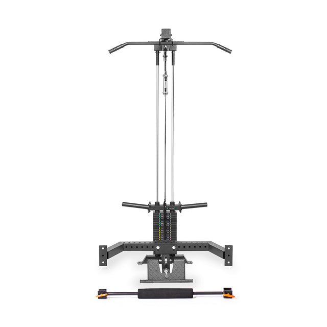 The Bells of Steel Lat Pulldown & Low Row Rack Attachment - Hydra & Manticore features a weight stack, lat pulldown bar, low row and seated row handles, plus a foot brace—ideal for versatile cable exercises in a sleek silver and black design.