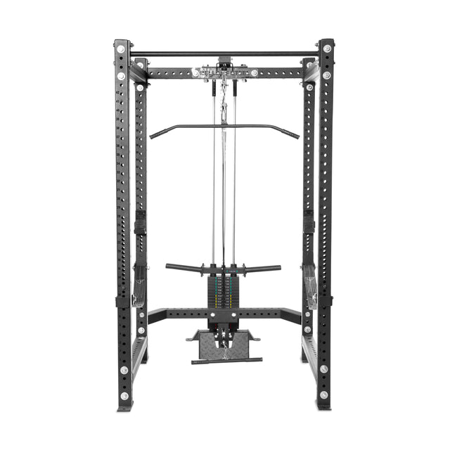 The Bells of Steel Lat Pulldown & Low Row Rack Attachment for Hydra & Manticore racks features a weight stack, cable pulley system, and multiple bars for strength training, shown in black against a white background.
