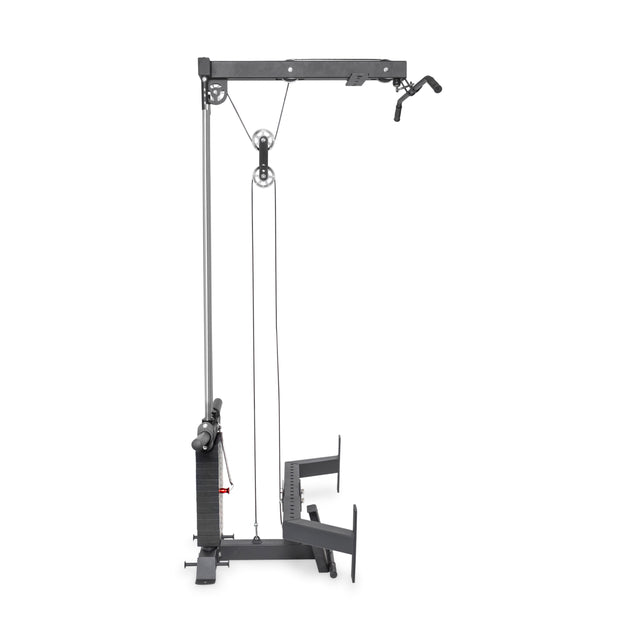 The Bells of Steel Lat Pulldown & Low Row Rack Attachment for Hydra & Manticore is a black, freestanding cable machine with pulleys, adjustable weights, and a low row feature, shown against a plain white background.