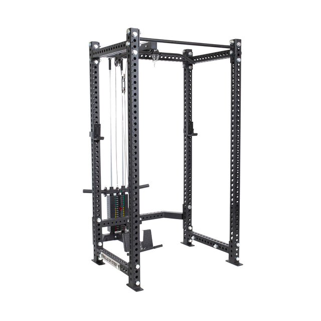 The Bells of Steel Lat Pulldown & Low Row Rack Attachment for Hydra & Manticore is a black power rack with adjustable pulleys, weight stack, and multiple attachment holes—ideal for strength training. Compatible with Olympic plates. Shown on a white background.