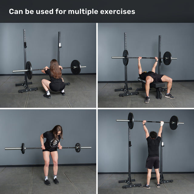 Four images show two people using the Bells of Steel Multi-Purpose Olympic Barbell – The Utility Bar on a rack for squats, bench press, bent-over row, and overhead press. Text above reads, "Can be used for multiple exercises.