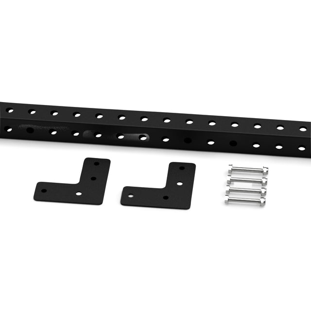 The Bells of Steel Back Upright Attachment for Cable Tower includes a black metal bar with multiple holes, two black L-shaped brackets, and four sets of silver bolts and nuts—compatible with Plate Loaded Cable Tower setups.