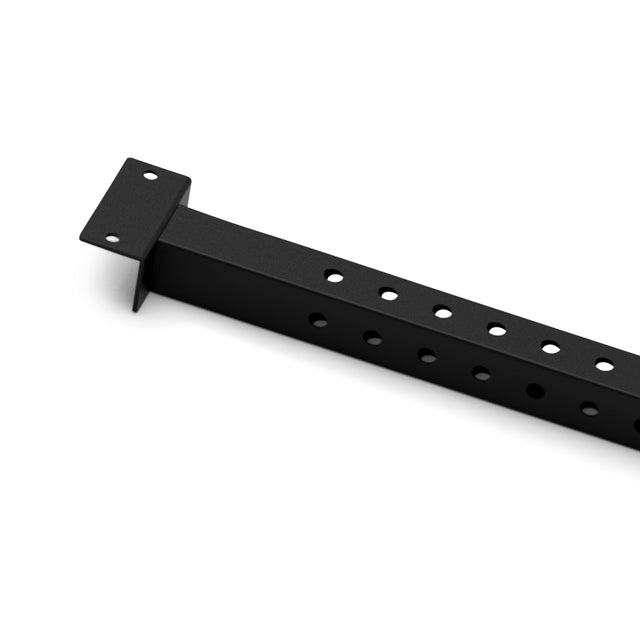 The Bells of Steel Back Upright Attachment for Cable Tower is a black metal rectangular bar with multiple evenly spaced holes and a flat mounting plate at one end, shown against a white background.