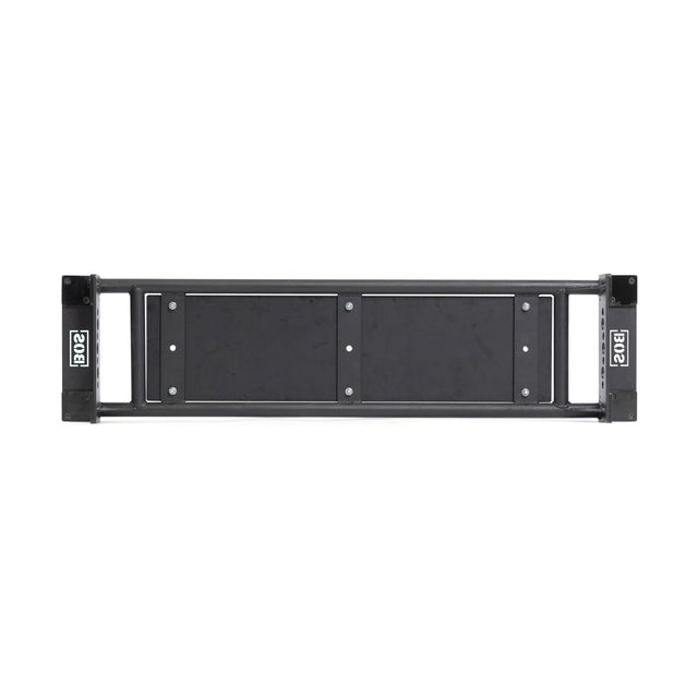 The Bells of Steel Utility Seat for Hydra/Manticore is a black metal 2U rackmount panel with two rectangular blank spaces in the center, designed for use with audio or network equipment racks compatible with a 3"x3" rack.