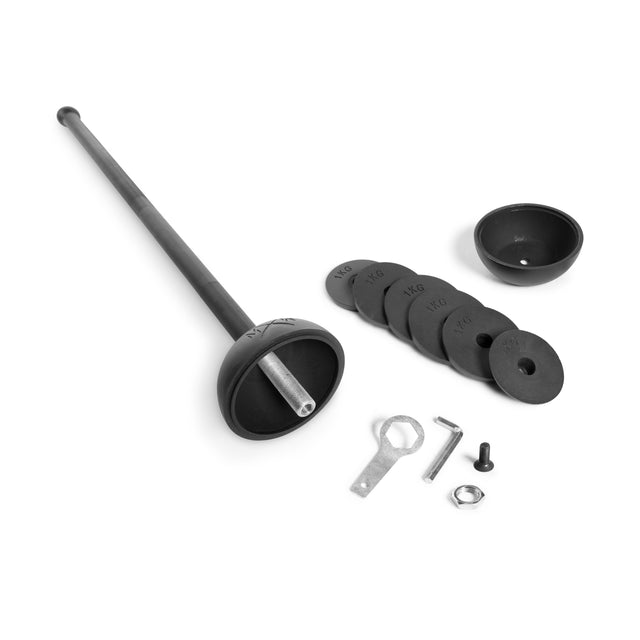 On a white background, the Bells of Steel Adjustable Macebell with an attached weight plate sits beside loose black plates labeled in kilograms, and is accompanied by a wrench, two hex keys, a bolt, and a nut. Ideal for boosting core strength and enhancing shoulder mobility.