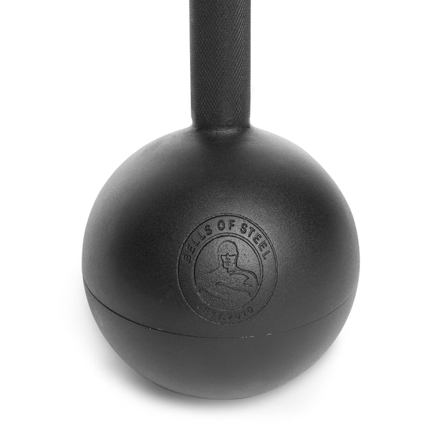 The Bells of Steel Adjustable Macebell is a black exercise tool with a smooth, spherical weight that enhances core strength and shoulder mobility, making it perfect for versatile strength training workouts.