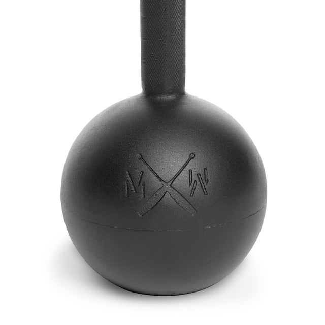 The Bells of Steel Adjustable Macebell, in black with a textured handle and spherical weight, boosts core strength and shoulder mobility. The sphere displays a logo with crossed clubs and small lines on a white background.