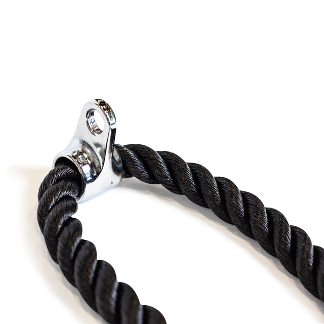 A close-up of the Bells of Steel Extra Long Tricep Rope Extension (137cm), featuring a black twisted rope with a shiny metal attachment for cable machines, displayed on a white background.