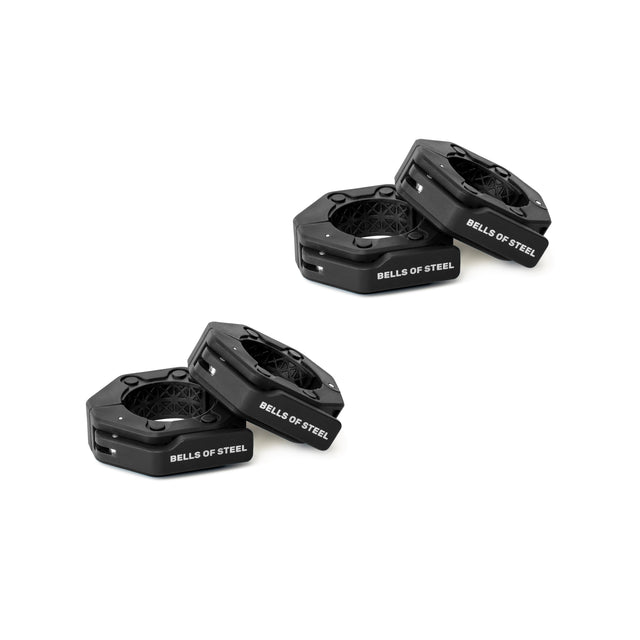 Four Bells of Steel Magnetic Clamp Collars, displaying the brand’s name, are arranged in angled pairs against a white background.