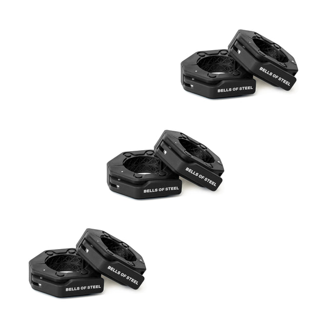Three pairs of Bells of Steel Magnetic Clamp Collars in black, each with an octagonal shape and labeled brand name, are diagonally arranged on a white background; pairs are stacked with one collar partially overlapping the other.