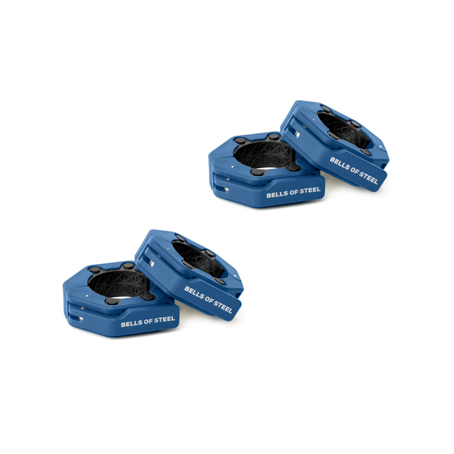 Four blue, octagonal-shaped Bells of Steel Magnetic Clamp Collars are arranged in pairs on a white background, perfect for securing weight plates during lifting sessions.